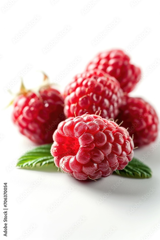 Poster raspberries arranged in a group on a clean white surface. ideal for food-related projects and health