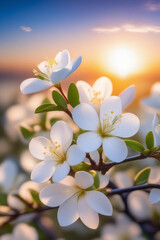 Fototapeta na wymiar Branches with fresh white flowers in full bloom against the sunset sky.