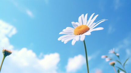 Close-up of a single daisy flower with a vibrant blue sky and clouds.
