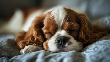 Photo of a red-and-white Cavalier King Charles Spaniel puppy sleeping on the couch at home