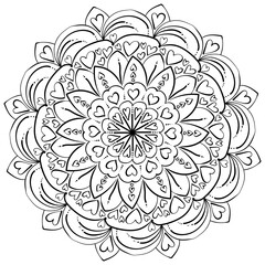 Simple patterned mandala with hearts and petals, anti-stress coloring page or postcard design
