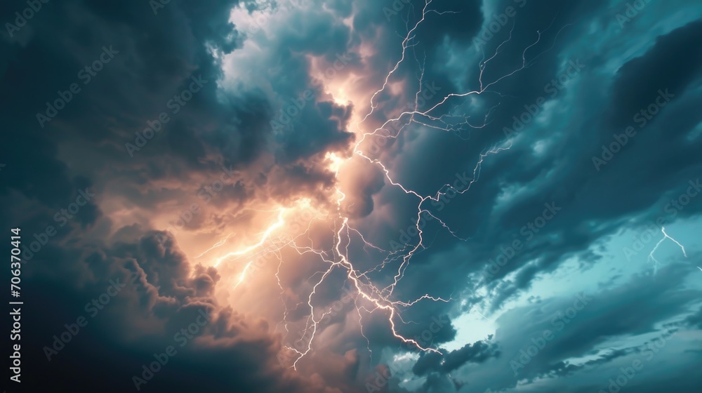Poster a powerful lightning bolt striking through the clouds. perfect for illustrating the force and energy