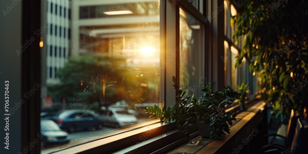 Poster the sun is setting through the window of a building. perfect for capturing the beauty of a sunset fr