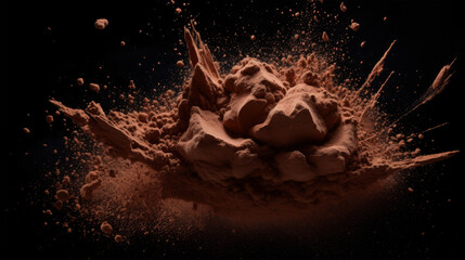 Closeup of explosion of cocoa powder isolated on black background, modern art design