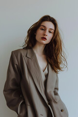 Obraz premium fashion interior photo of beautiful sensual woman with dark hair in elegant beige brown open-front blazer and accessories posing in studio.