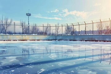 An empty ice rink with a fence in the background. Suitable for sports-related designs and winter themes