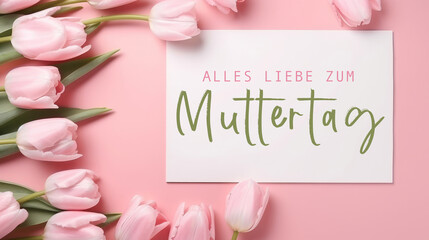 Fototapeta na wymiar Alles Liebe zum Muttertag Feiertag Grußkarte - Weisses Papier, Rahmen mit deutschem Text und Tulpen auf pinkem Tisch Hintergrund, Draufsicht