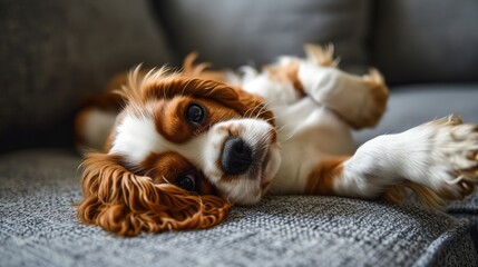A photo of a cute red and white Cavalier King Charles Spaniel puppy lying at home on the couch - obrazy, fototapety, plakaty