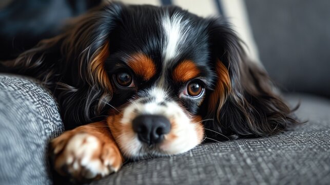 A photo of a cute black and red Cavalier King Charles Spaniel puppy lying on the couch at home