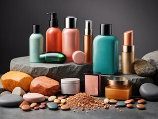 beauty products in recipients assortment on grey stone. Generative AI