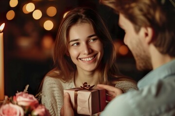 Obraz na płótnie Canvas Lovely handsome man giving a girlfriend present
