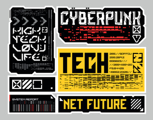 Cyberpunk sticker set. Sci fi typography for modern and tech design. Vector Illustration. EPS 10