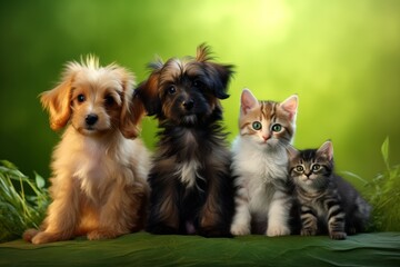 Adorable Puppies and Kittens Together in Lush Green Setting