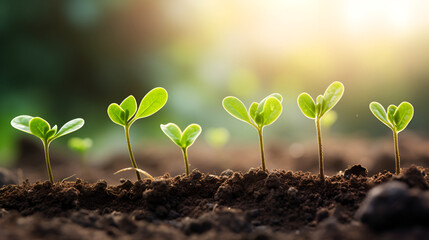 Fototapeta premium Young Green Seedlings Growing in Soil Close-up of new plant growth, symbolizing spring and new beginnings, with a focus on sustainability and ecology. 