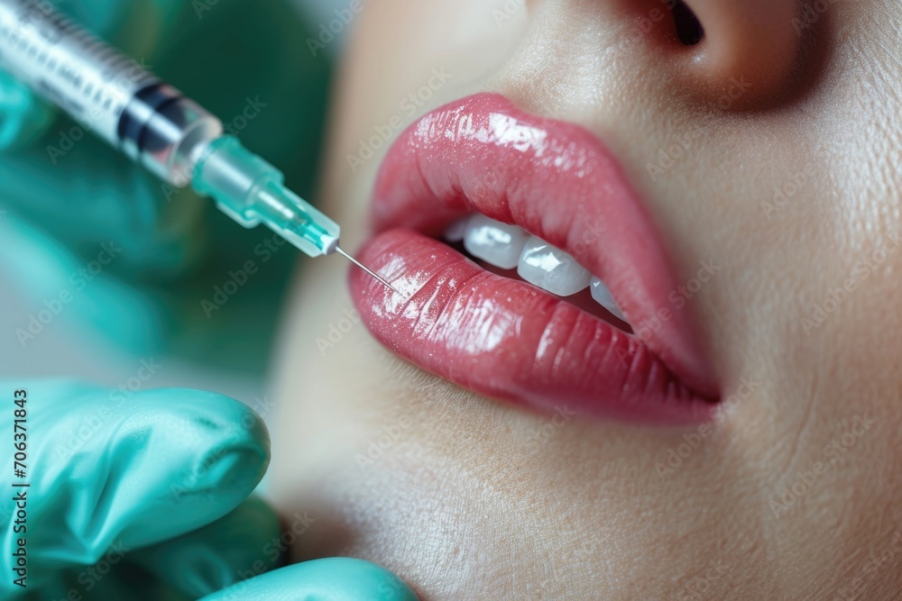 Poster A close-up image of a person receiving an injection. This image can be used to illustrate healthcare, medical procedures, vaccinations, or healthcare professionals in action