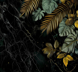 tropical leaves and monstera on a marble background