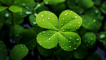 Four leaf clover leaves with rain drops.