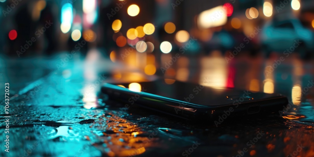 Poster A cell phone is seen sitting on a wet sidewalk. This image can be used to depict a lost or abandoned phone in a rainy or wet environment