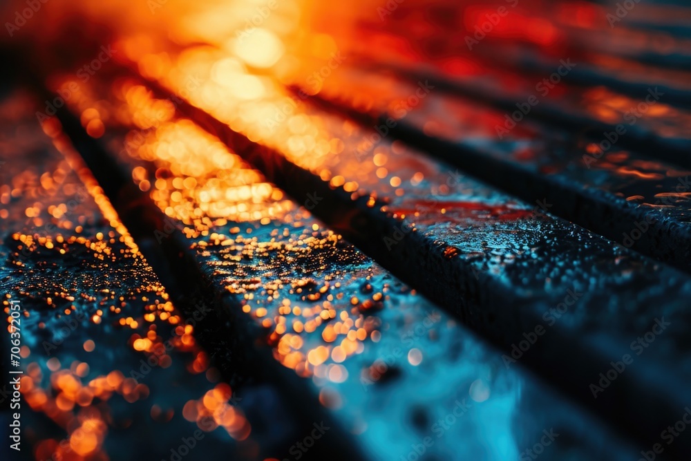 Aufkleber a close-up photograph of a wooden bench with raindrops on it. this image can be used to depict solit