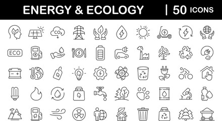 Green energy set of web icons in line style. Ecology icons for web and mobile app. Solar panel, recycle, eco, green electricity, nature, bio, power, water, power and more. Editable stroke
