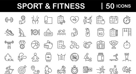 Sport and Fitness set of web icons in line style. Gym and fitness icons for web and mobile app. Healthy lifestyle, exercise, diet, nutrition, weight training, body care, workout. Editable stroke