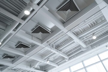 Obraz premium A picture of a ceiling with a cluster of air vents. This image can be used to illustrate ventilation systems or architectural design