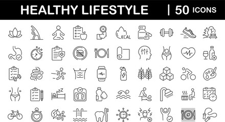 Healthy lifestyle set of web icons in line style. Fitness and sport icons for web and mobile app. Work and rest, physical activity, exercise, gym, sleep, body care and a diet. Editable stroke