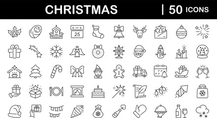 Merry Christmas set of web icons in line style. Xmas icons for web and mobile app. Christ, xmas, santa claus, gift, angel, bell, christmas tree, holiday, fireworks, snow and more. Editable stroke