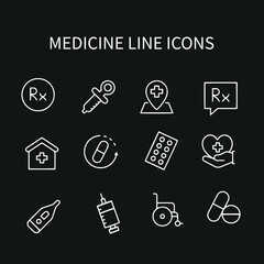 pills and medicine line vector icons set