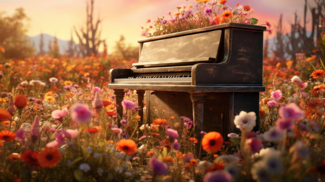 An old piano surrounded by vibrant wildflowers in a whimsical field at sunset.