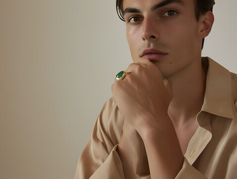 Fashionable portrait of a young man in a beige coat. Studio shot. in the style of gold and light emerald jewelry. - Powered by Adobe