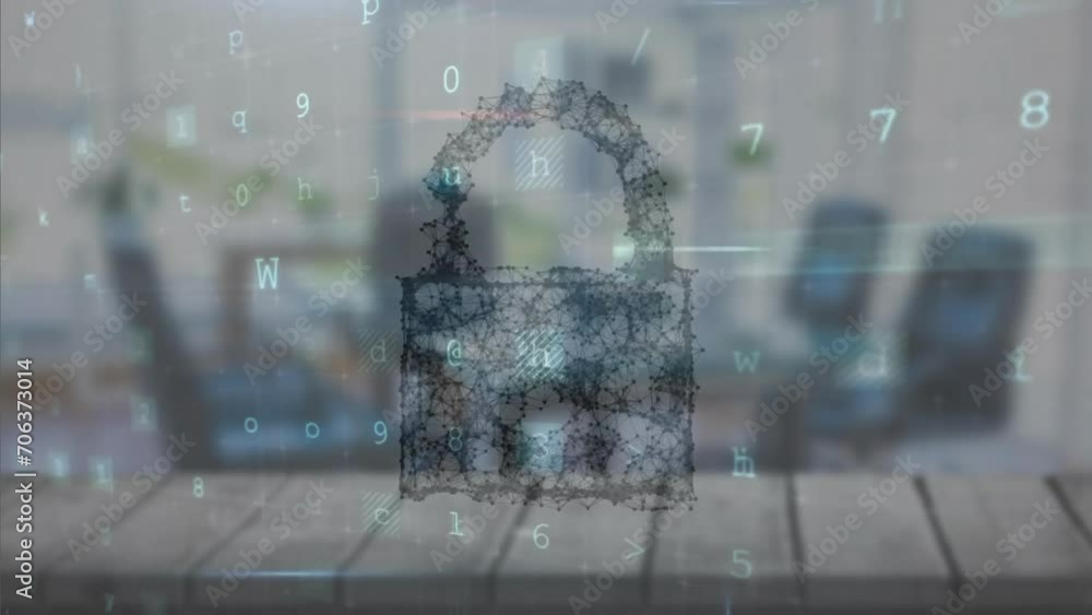 Poster animation of cyber security warning text and padlock over office