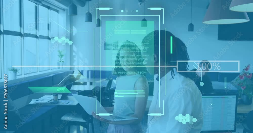 Poster animation of data processing and ai icons over diverse people in office