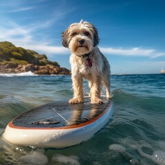A joyful small dog standing on a stand up paddle board floating in the sea. Generative AI image.