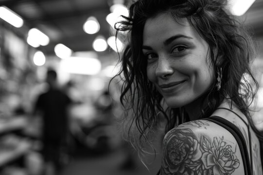 A black and white photo of a woman with a tattoo on her arm. Suitable for various uses