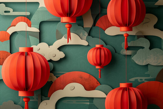 chinese new year lanterns decoration, illustration pattern celebration theme concept