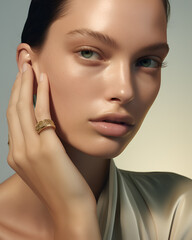 Closeup portrait of beautiful young woman with makeup and golden ring and gold jewelry on her finger and ear. model in beige outfit. in the style of gold and light emerald.