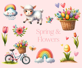 Naklejka premium Watercolor collection of spring elements, beautiful colorful illustrations, clip art elements, ready to print. Perfect for invitation, card, banner, decoration, patterns, stickers, wallpapers, textile