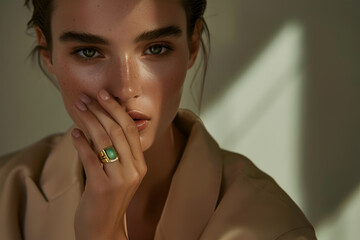 Closeup portrait of beautiful young woman with makeup and golden ring and gold jewelry on her finger and ear. model in beige outfit. in the style of gold and light emerald.