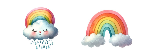Watercolor collection of rainbows, beautiful colorful illustrations, clip art elements, ready to print. Perfect for invitation, card, banner, decoration, patterns, stickers, wallpapers, textile