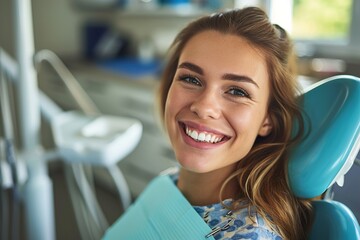 A smiling young woman with open mouth in a dental chair