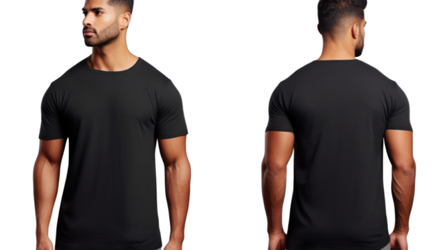 Black t shirt front and back view. Transparent background. PNG