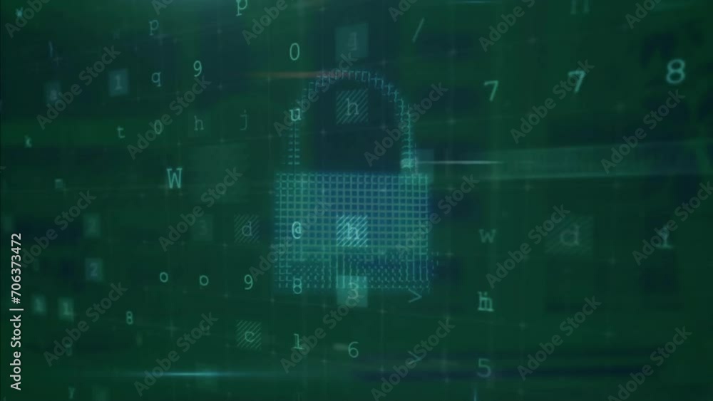 Poster animation of cyber security warning text and padlock over office