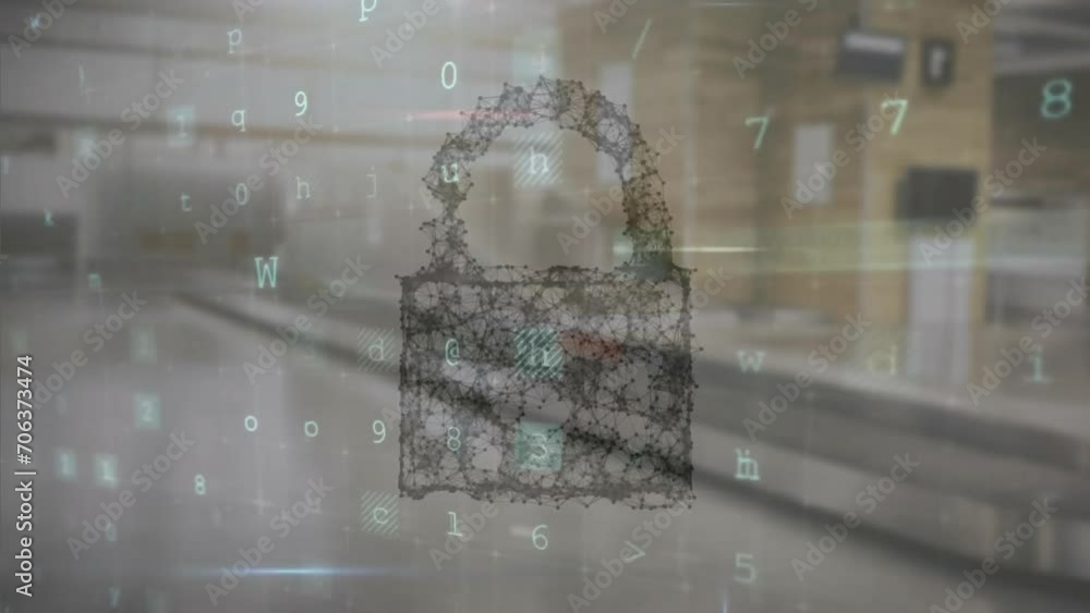 Poster animation of cyber security warning text and padlock over office