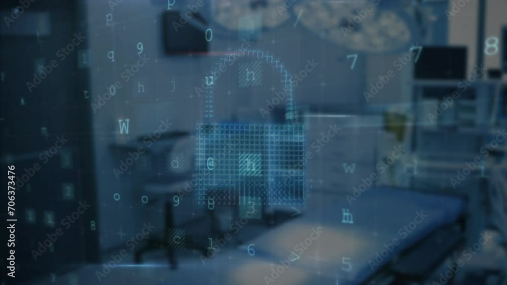 Poster animation of cyber security warning text and padlock over office