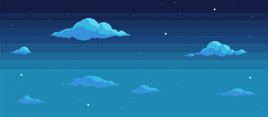 Pixel art night sky background with stars and clouds. Retro video arcade 8-bit style. - obrazy, fototapety, plakaty