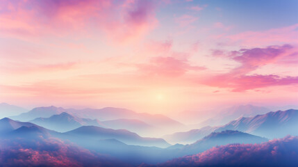 Obraz premium Mountains landscape background. Serene mountain vista bathed in soft dawn or dusk light, with rising mist and a sky painted in pink and lavender, evoking the calm of nature's beauty