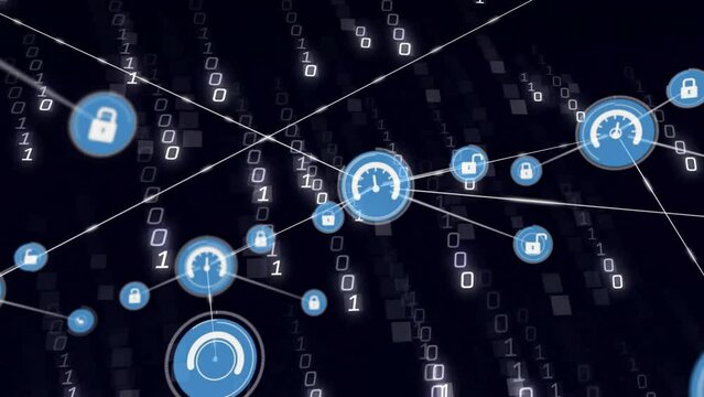 Animation of network of connections with icons over binary coding data processing