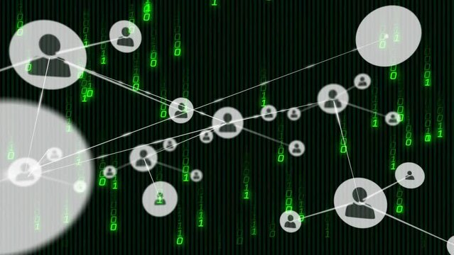 Animation of network of connections with icons over binary coding data processing