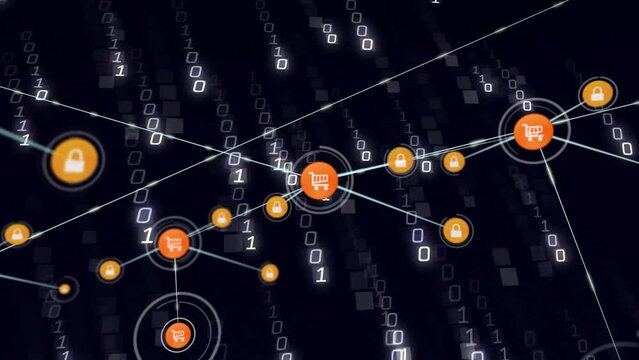 Animation of network of connections with icons over binary coding data processing